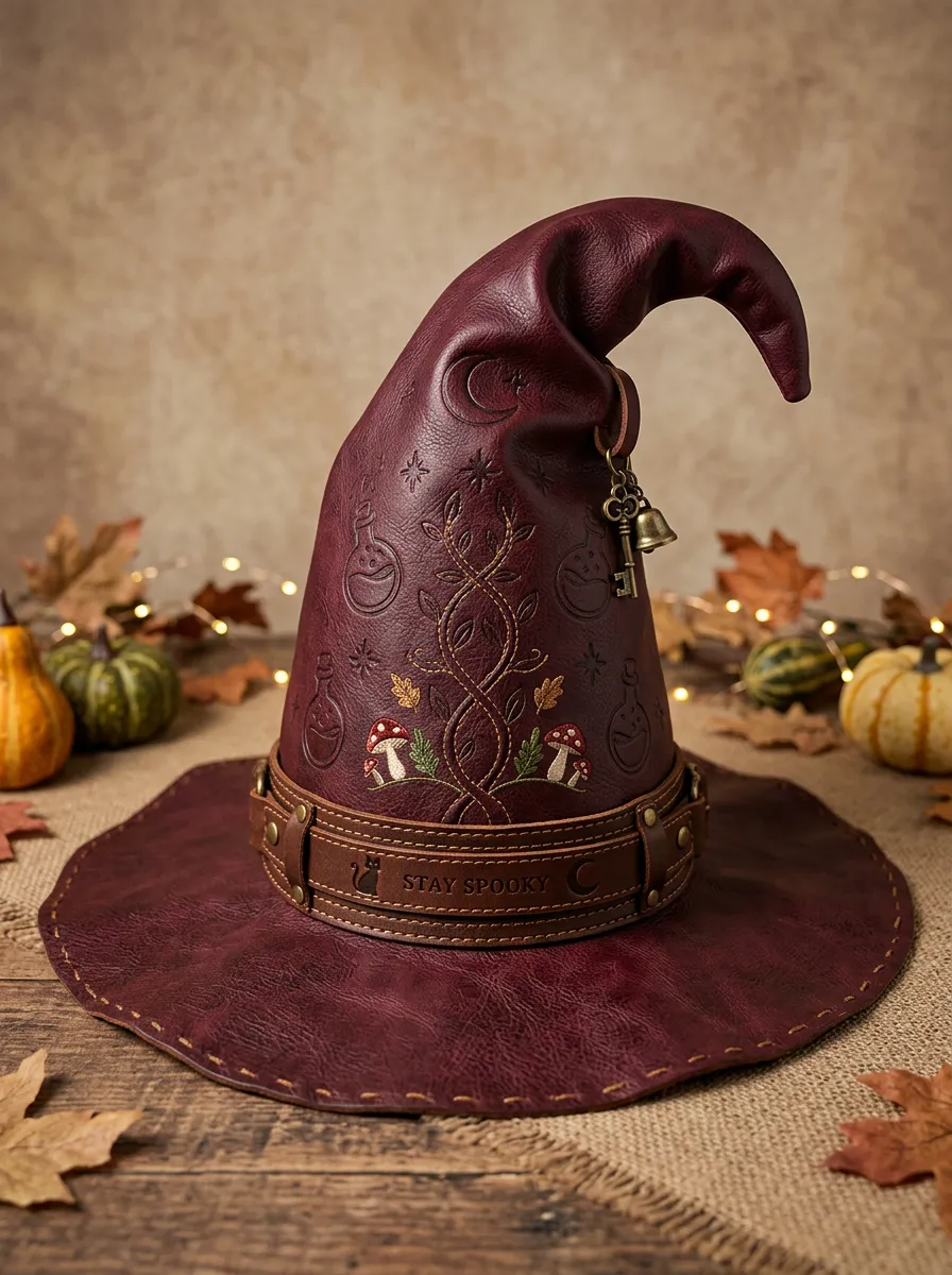 Mushroom Embroidered Faux-Leather-Look Halloween Witch Hat