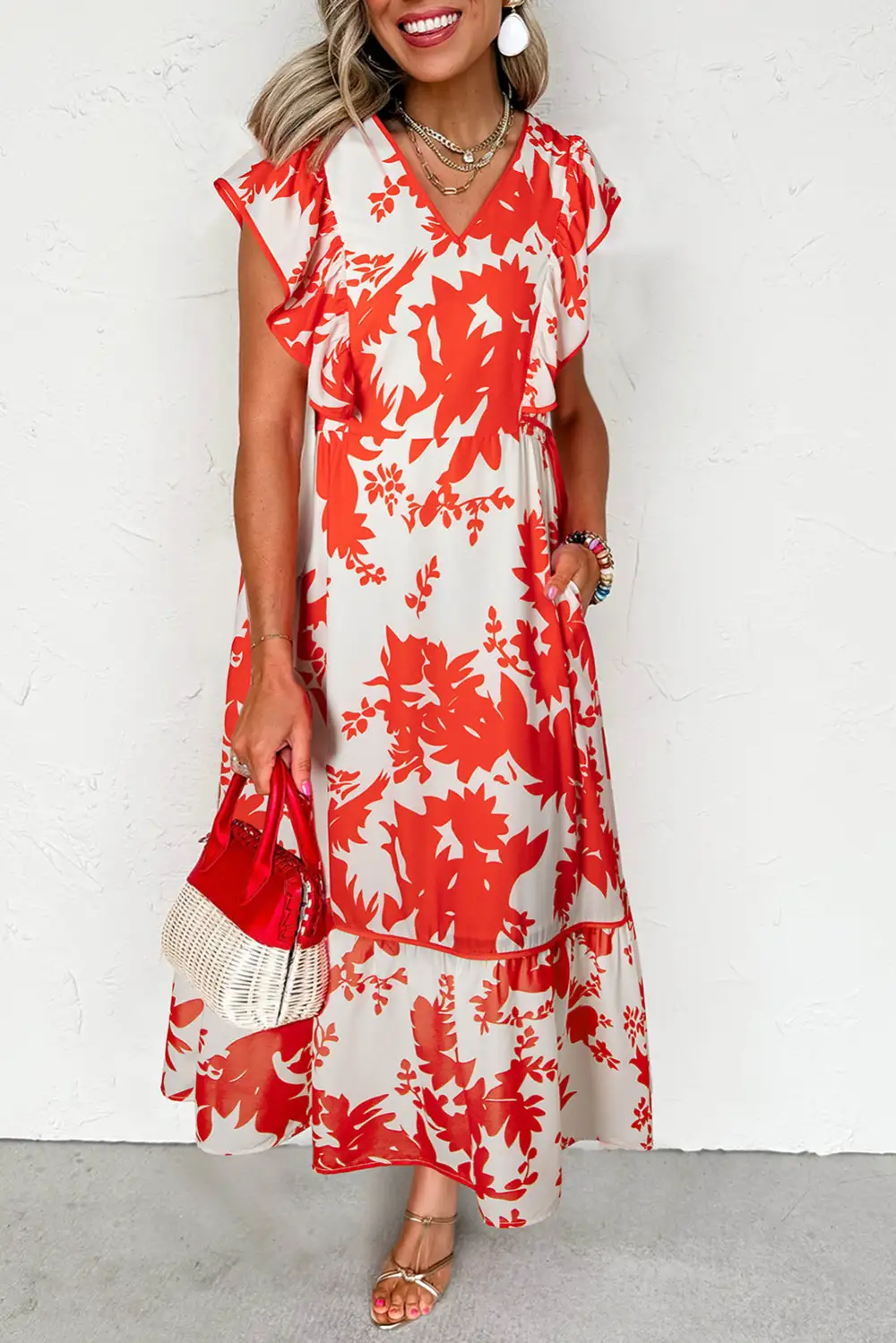 Maxi Floral Print Trimmed V Neck Ruffle Sleeve Long