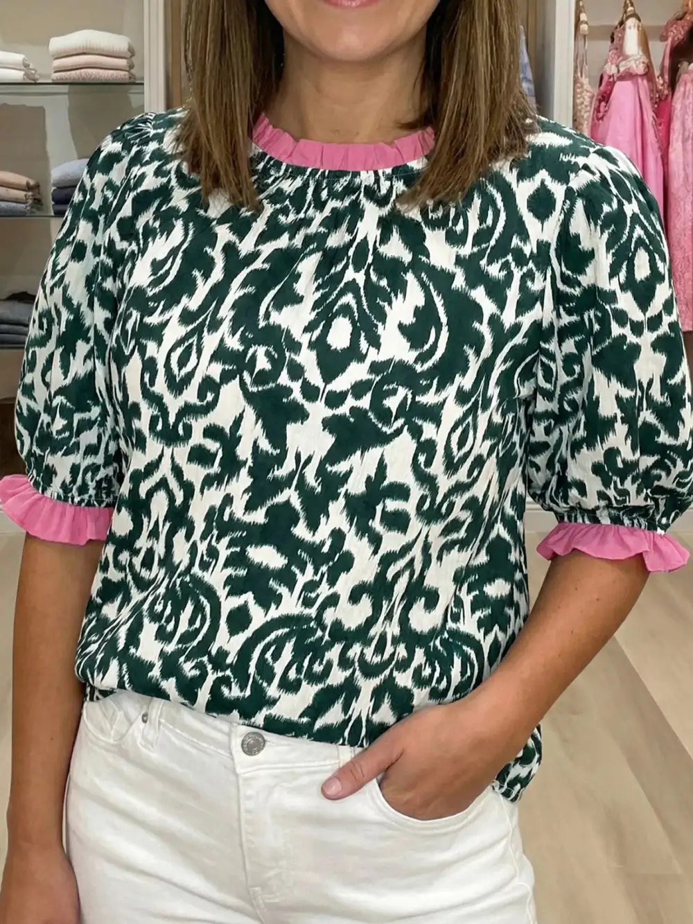 Damask Print Ruffled Block Detail Half Sleeve