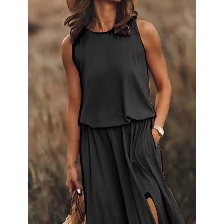 Full Size Round Neck Sleeveless Slit Maxi Dress Plus Size