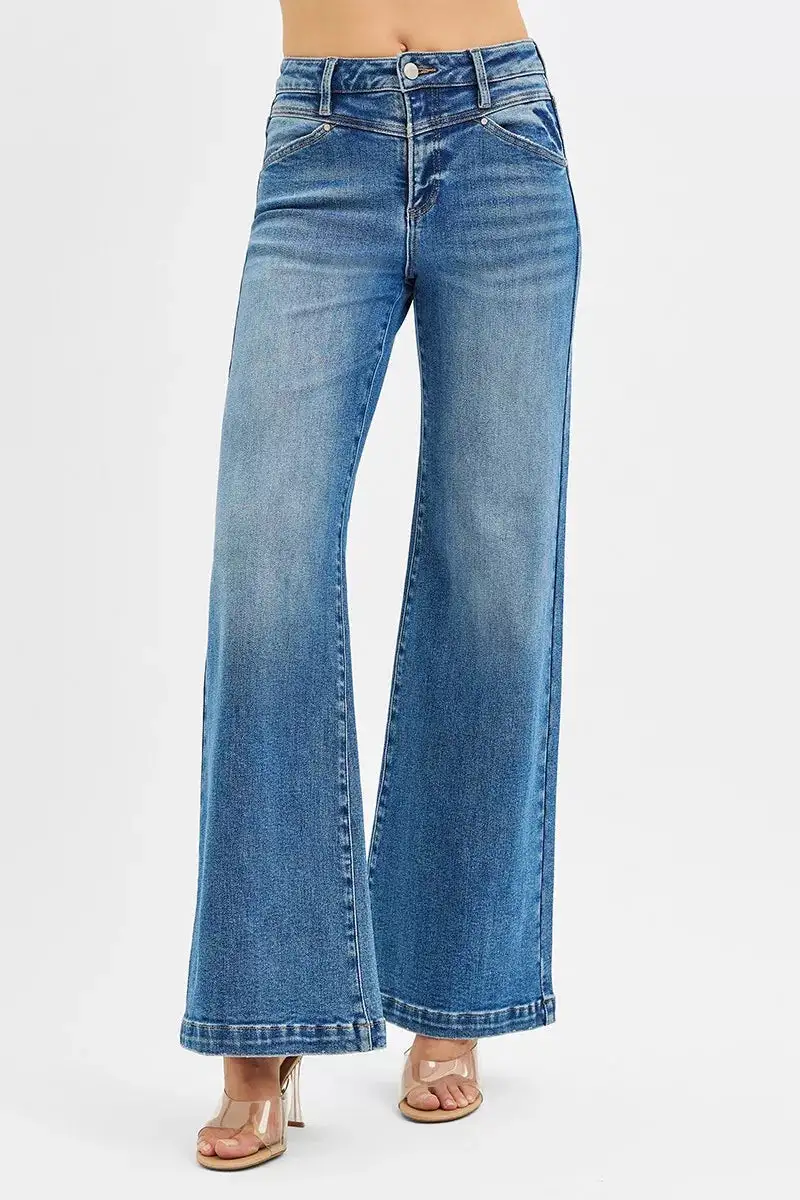 High Rise Wide Leg Jeans With Front Yoke And Heart Back Pocket