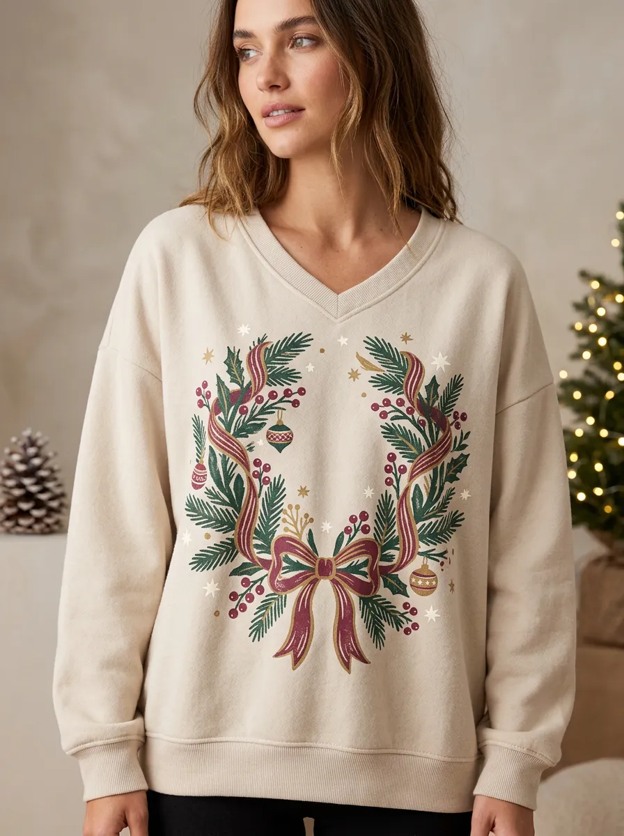 Winter Christmas Holiday Wreath Bow Print Sweatshirt