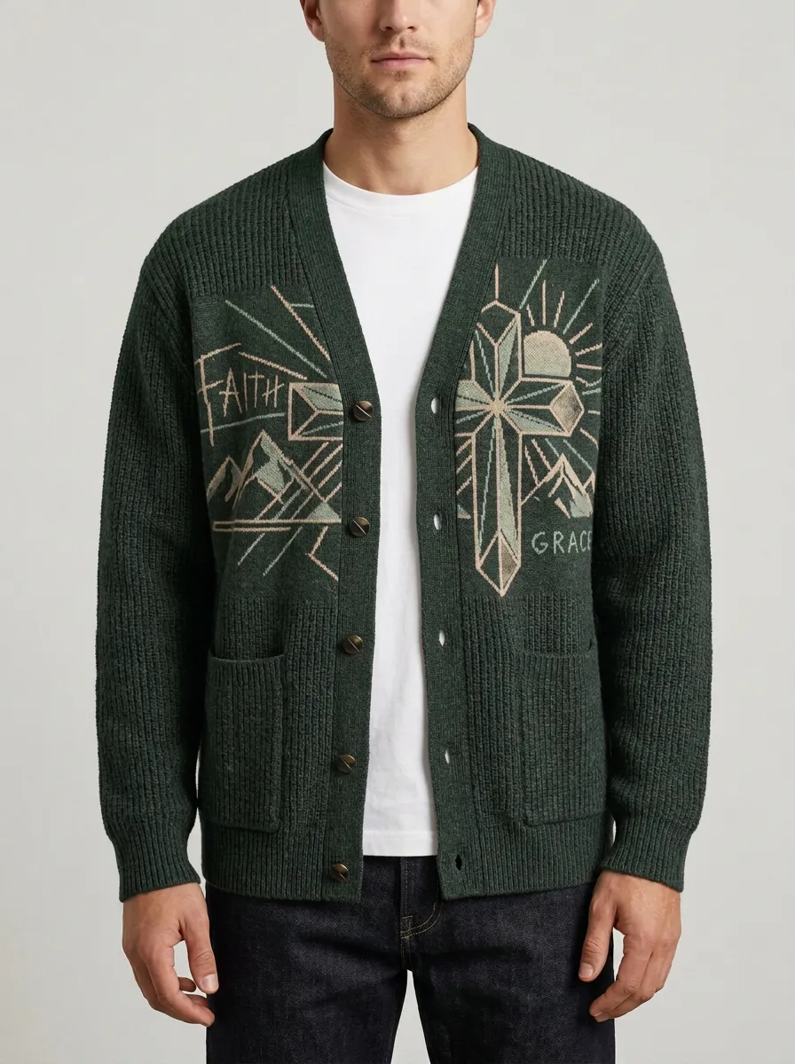 Men's Christian Faith Grace Cross Mountain Printed Cardigan