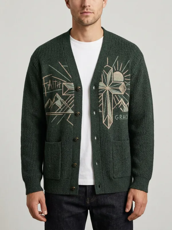 Men's Christian Faith Grace Cross Mountain Printed Cardigan