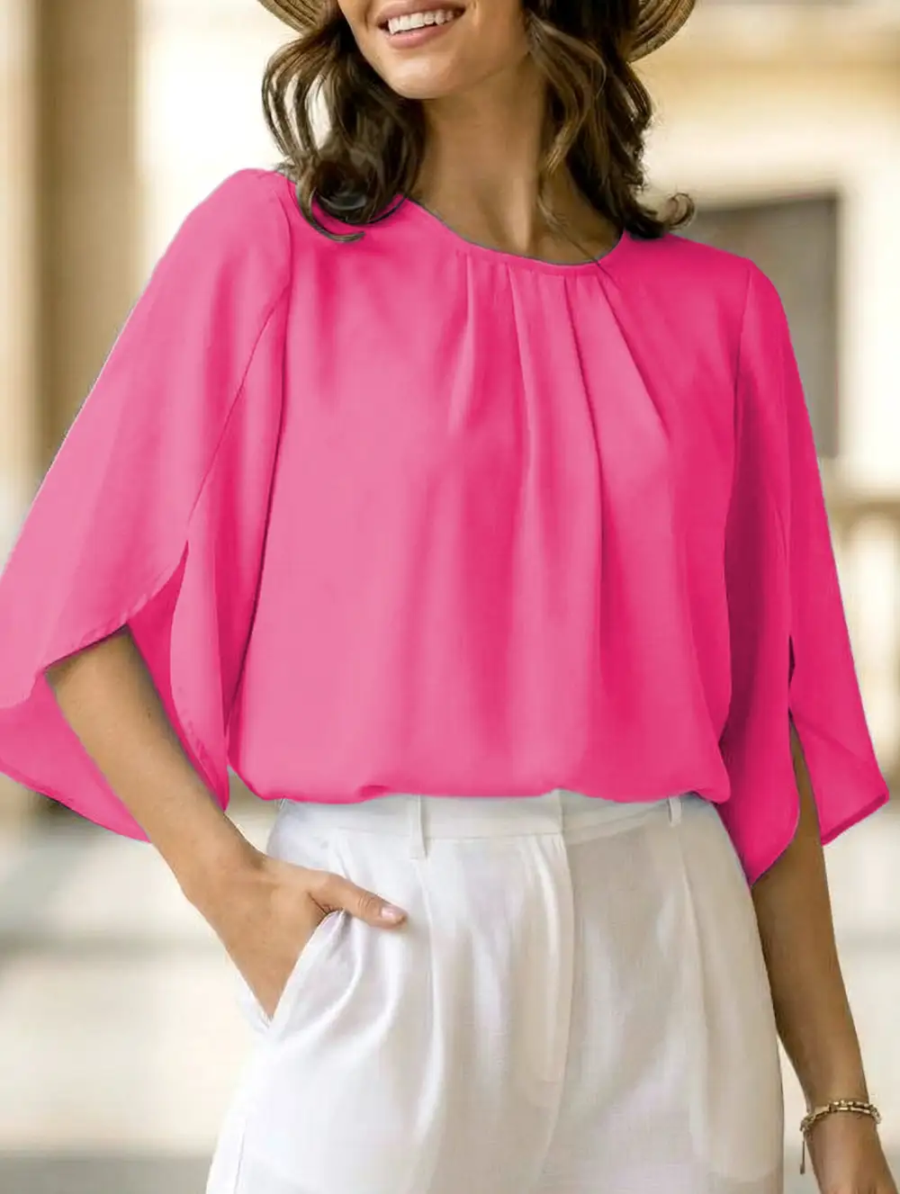 Chiffon Crew Neck Half Sleeve Blouse