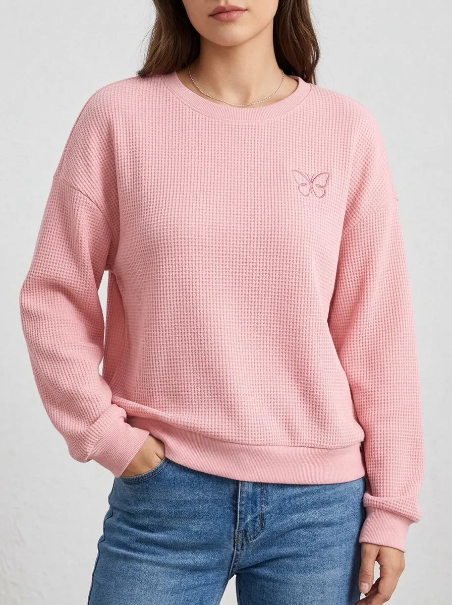 Women's Pink Butterfly Minimalist Embroidered Waffle Knit Sweatshirt