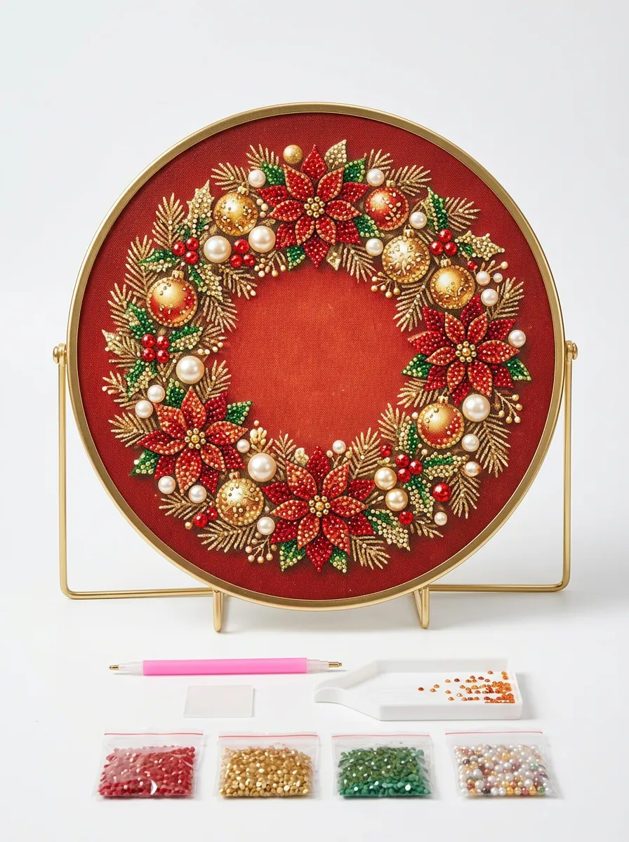 Poinsettia Wreath Diamond Art Painting Kit Pearl-Accent Christmas DIY Diamond Painting Kit