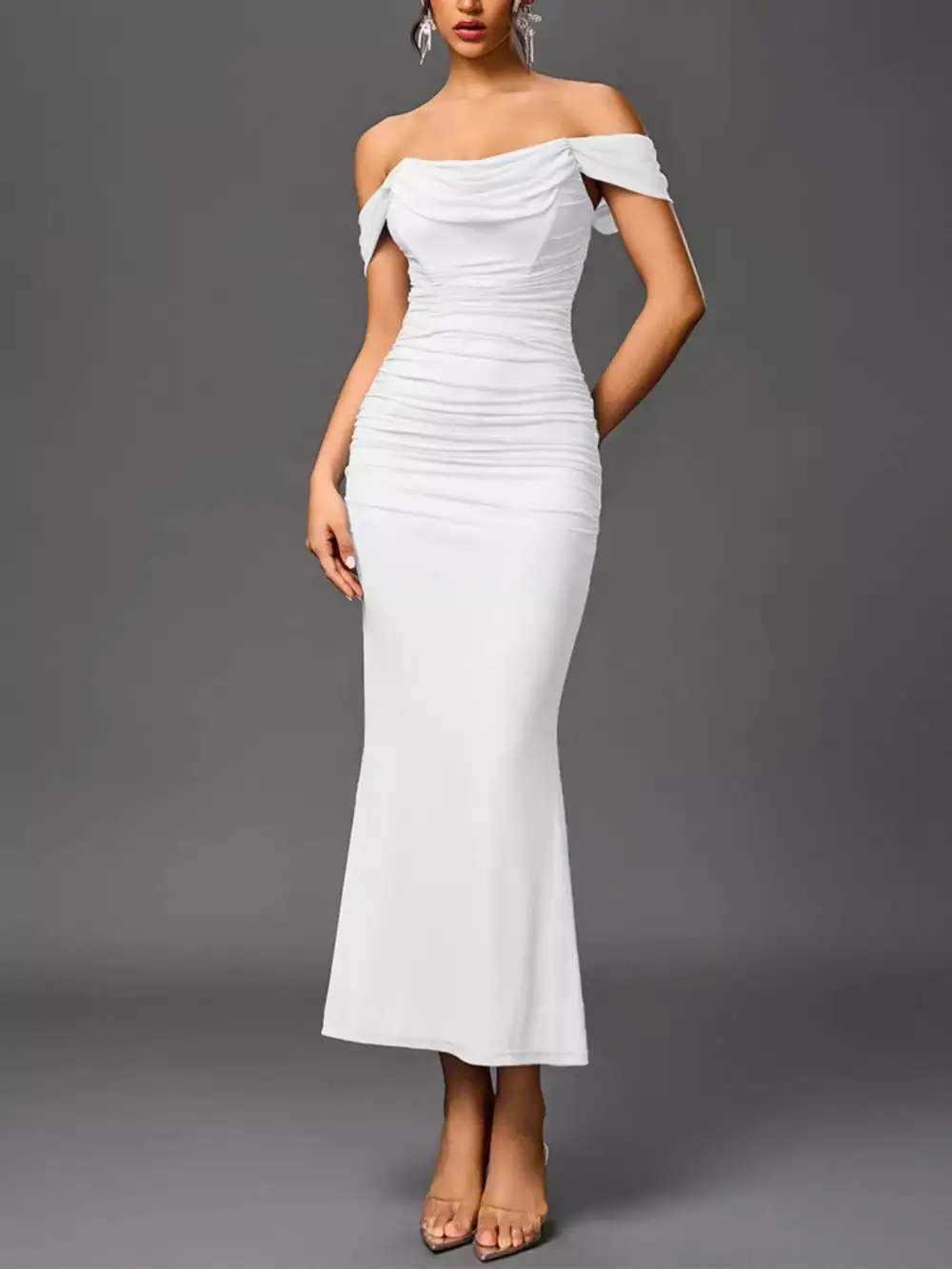 Relaxed Off Shoulder Ruched Mermaid Maxi Dress