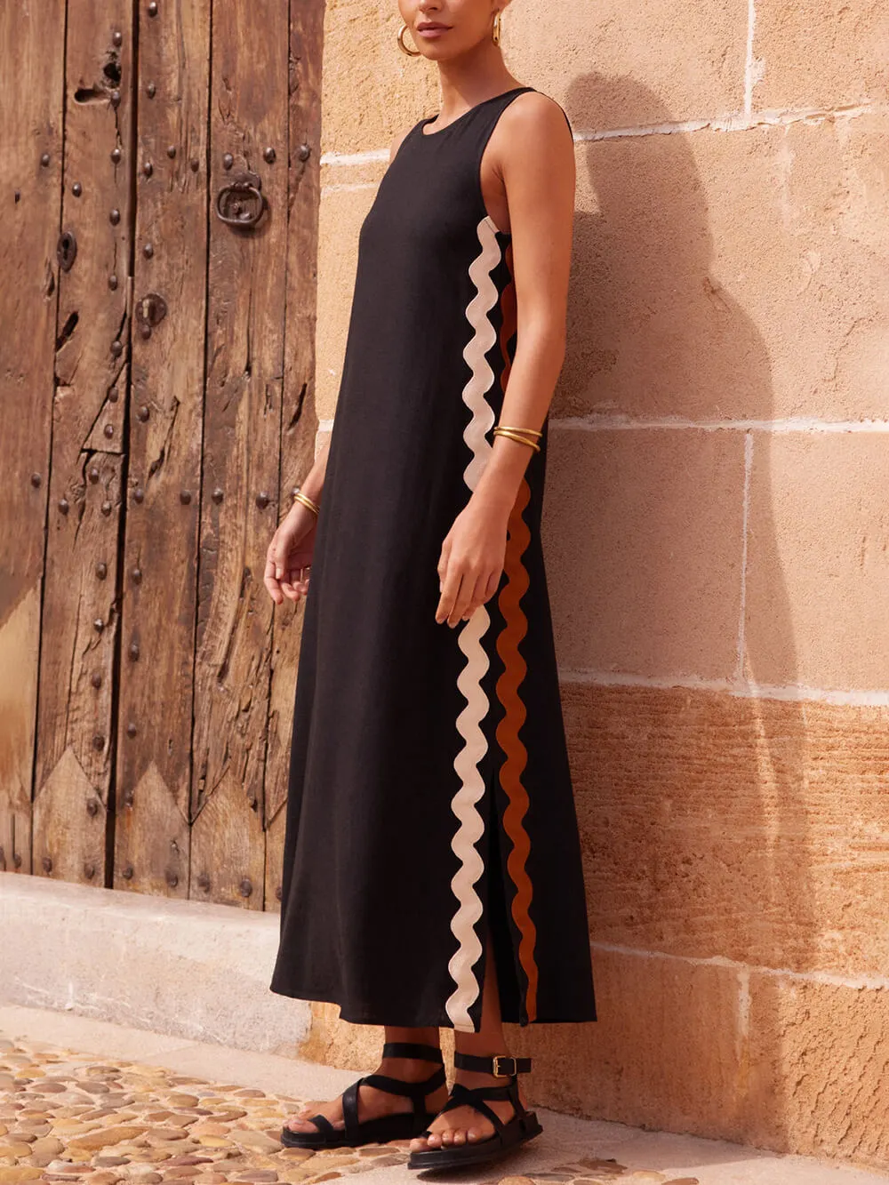 Side Wave Stripes Embellished Side Slit Midi Dress