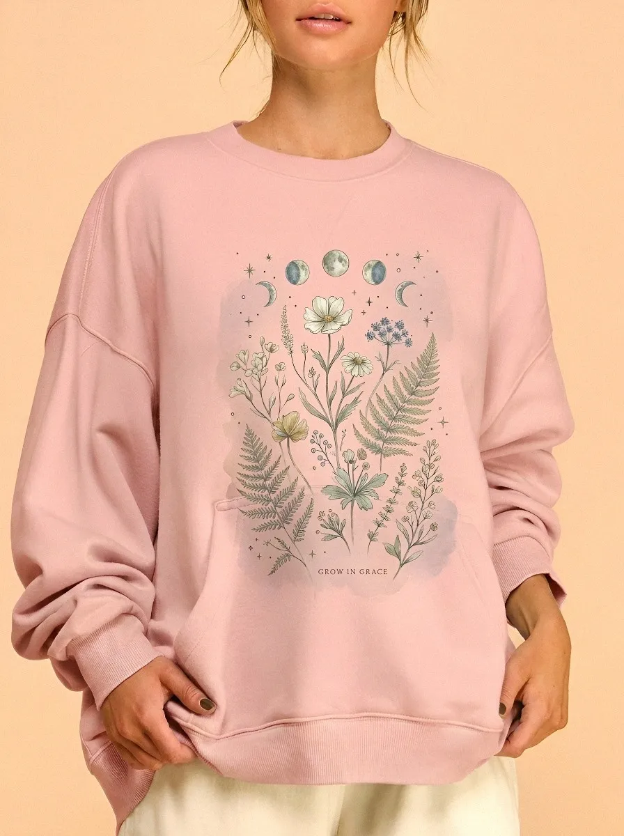 Women's Botanical Moon Phase Grow In Grace Printed Sweatshirt