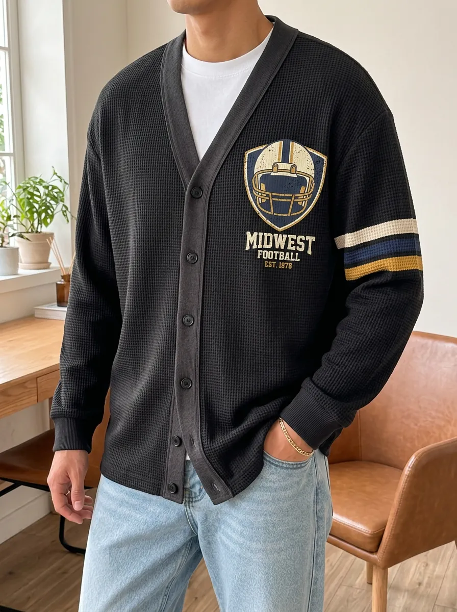 Men's Gridiron Midwest Football Helmet Printed Waffle Knit Cardigan