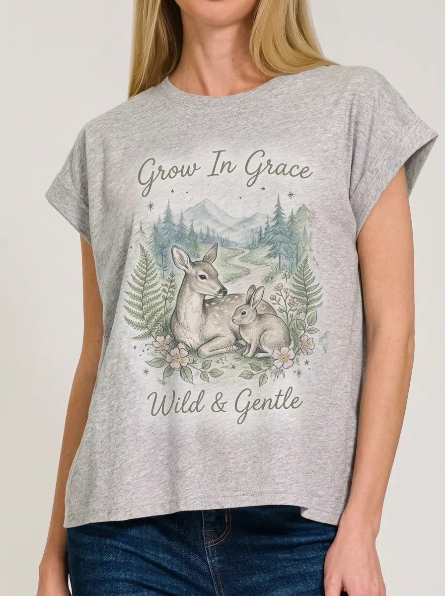 Women's Nature Lover Deer Rabbit Forest Printed T-shirt