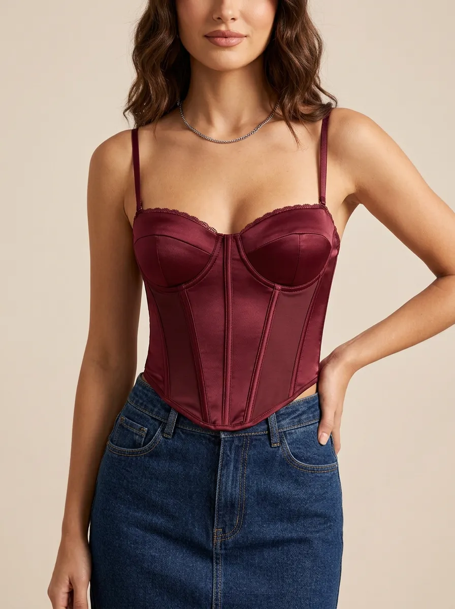 Classic Lace-Trim Satin-Look Women's Corset Top