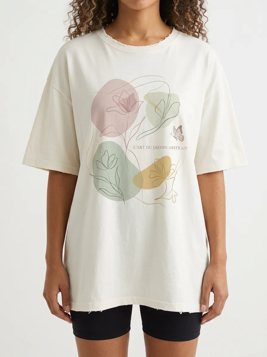Women's Abstract Floral Butterfly Line Art Printed T-shirt