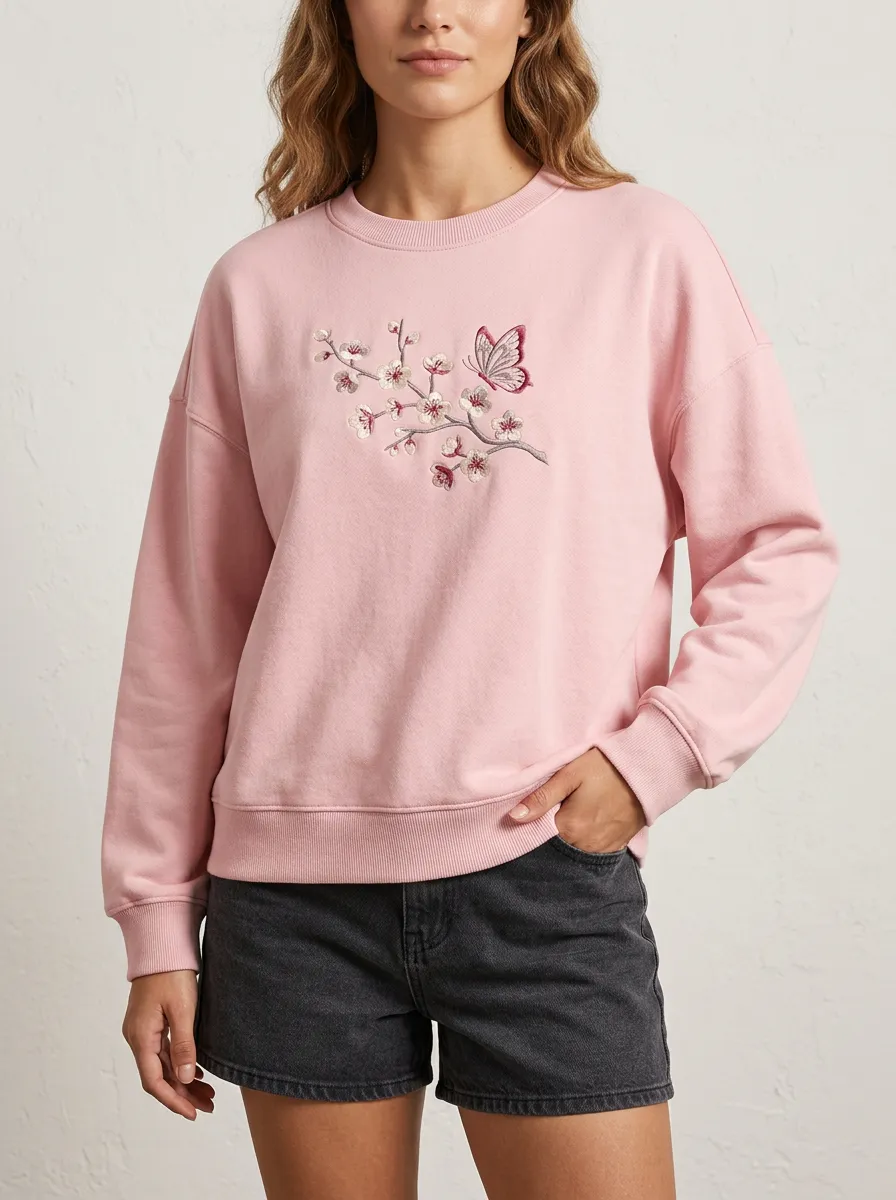 Women's Butterfly Cherry Blossom Embroidered Printed Sweatshirt