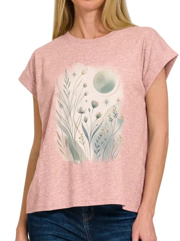 Women's Botanical Moon Stars Nature Printed T-shirt
