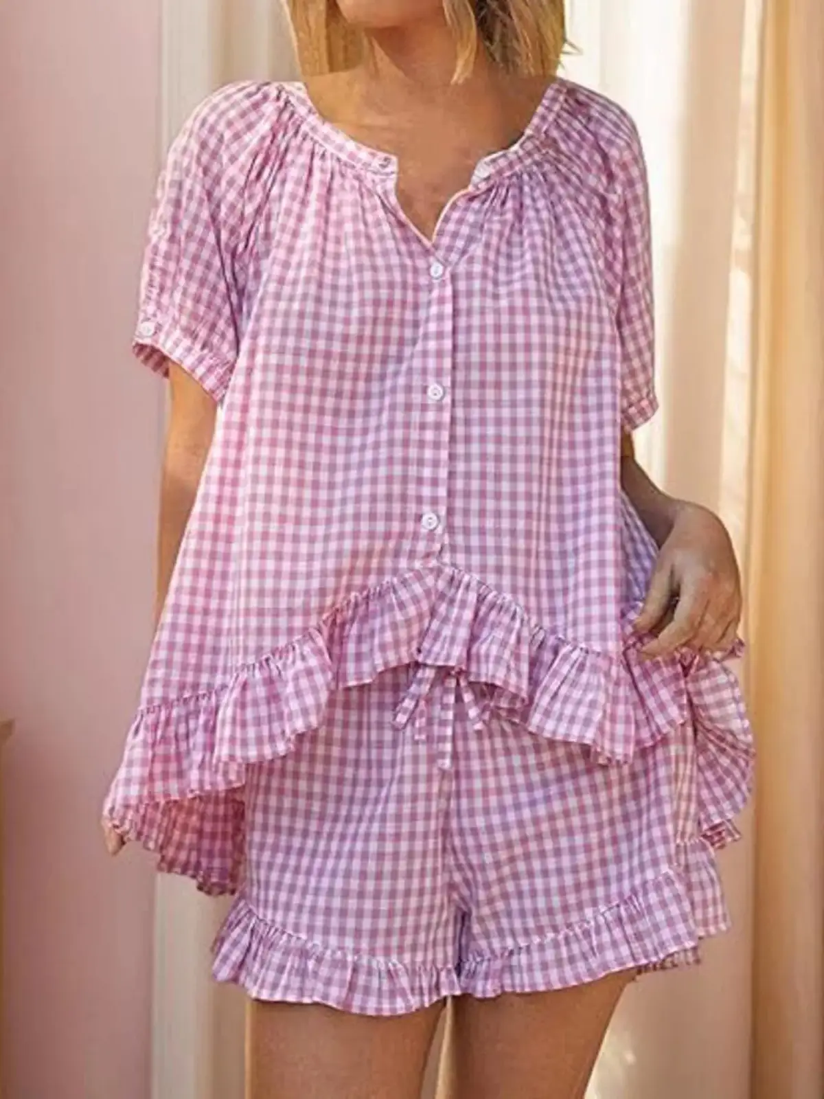 Refined Ruffled Top and Shorts Matching Set