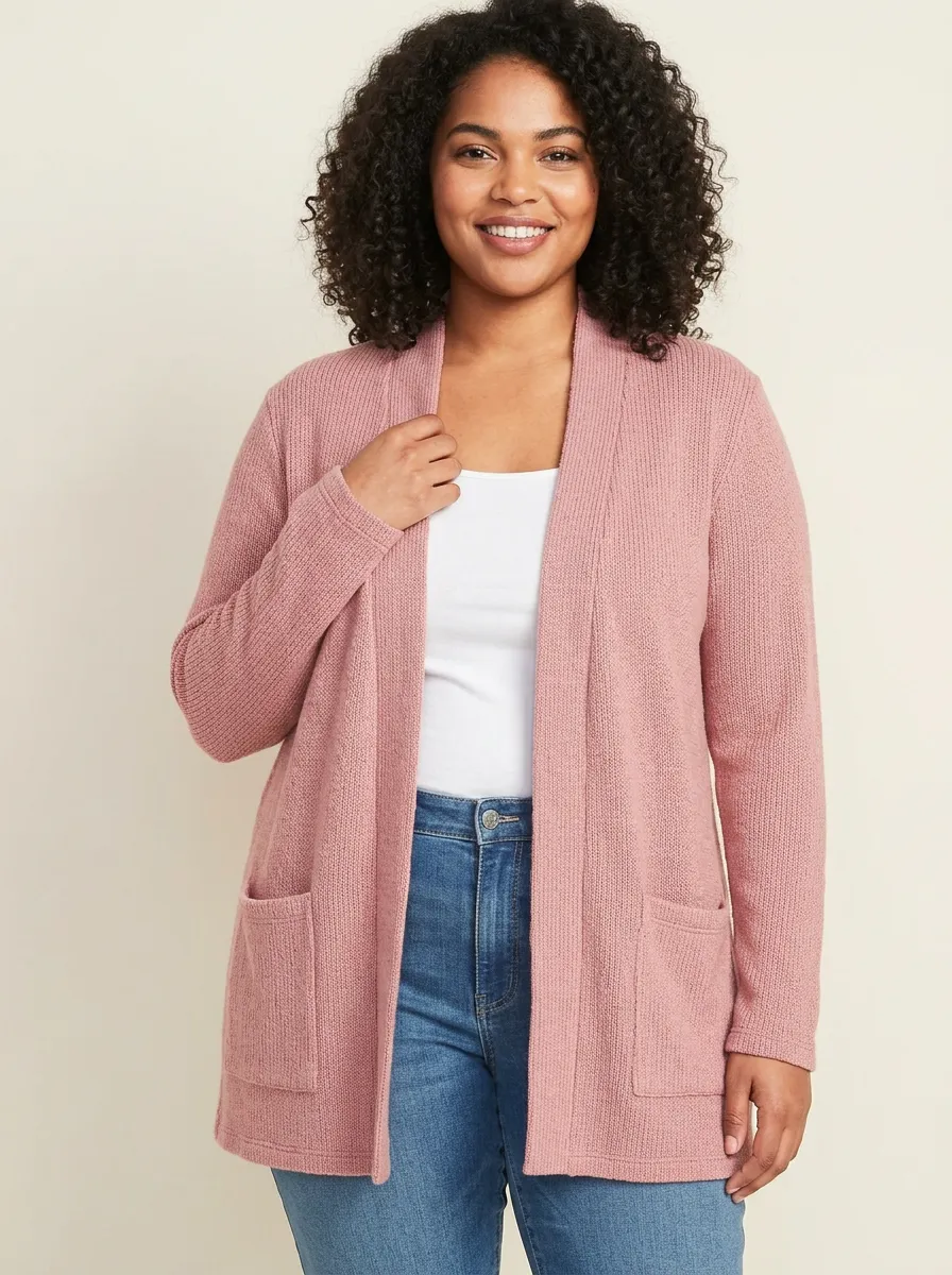 Women's Pink Solid Color Open Front Knit Cardigan