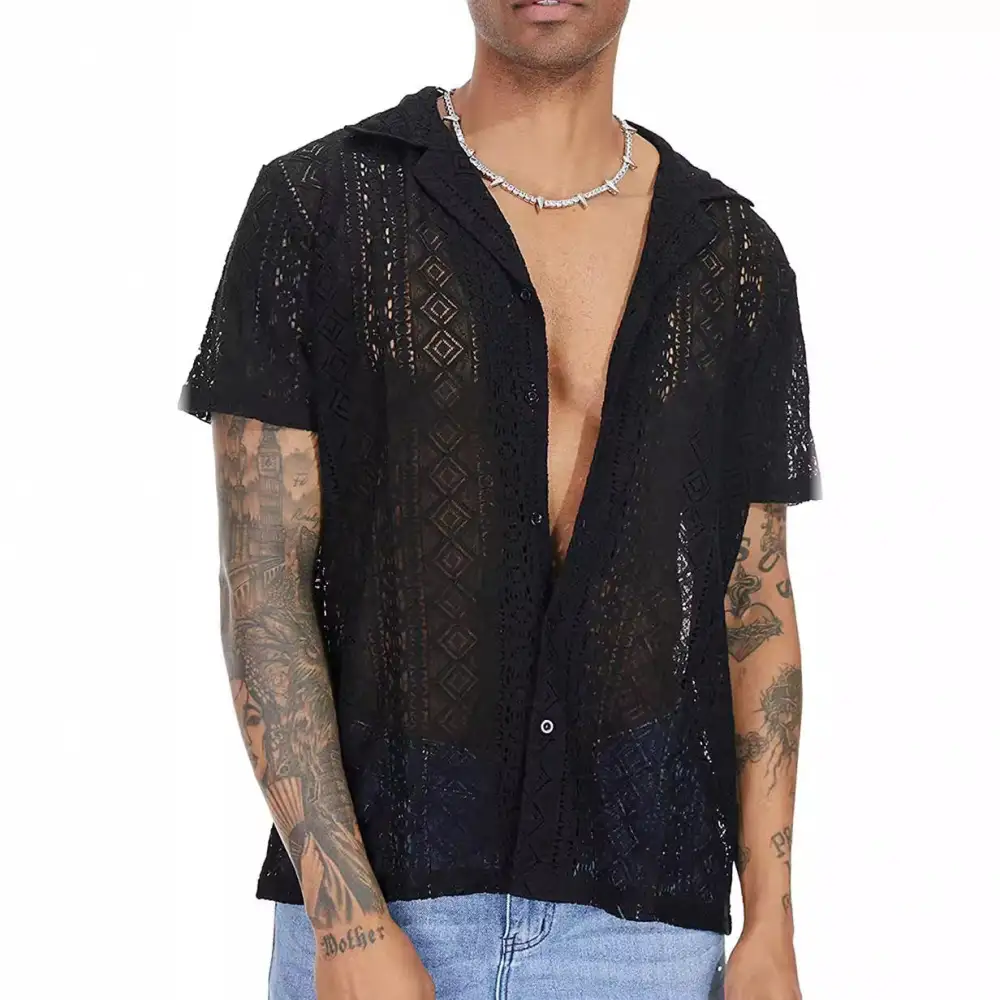 Men's Airy Crochet Knit Polo With Open V-Neck And Classic Collar