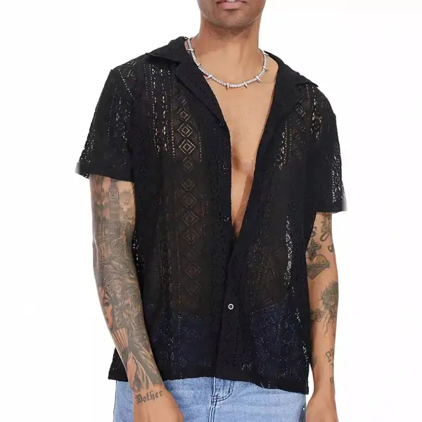 Men's Airy Crochet Knit Polo With Open V-Neck And Classic Collar