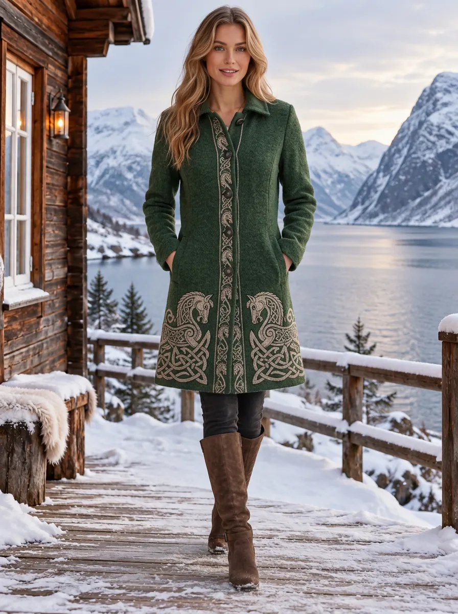 Women's Viking-Inspired Celtic Horse Embroidered Wool-Look Coat