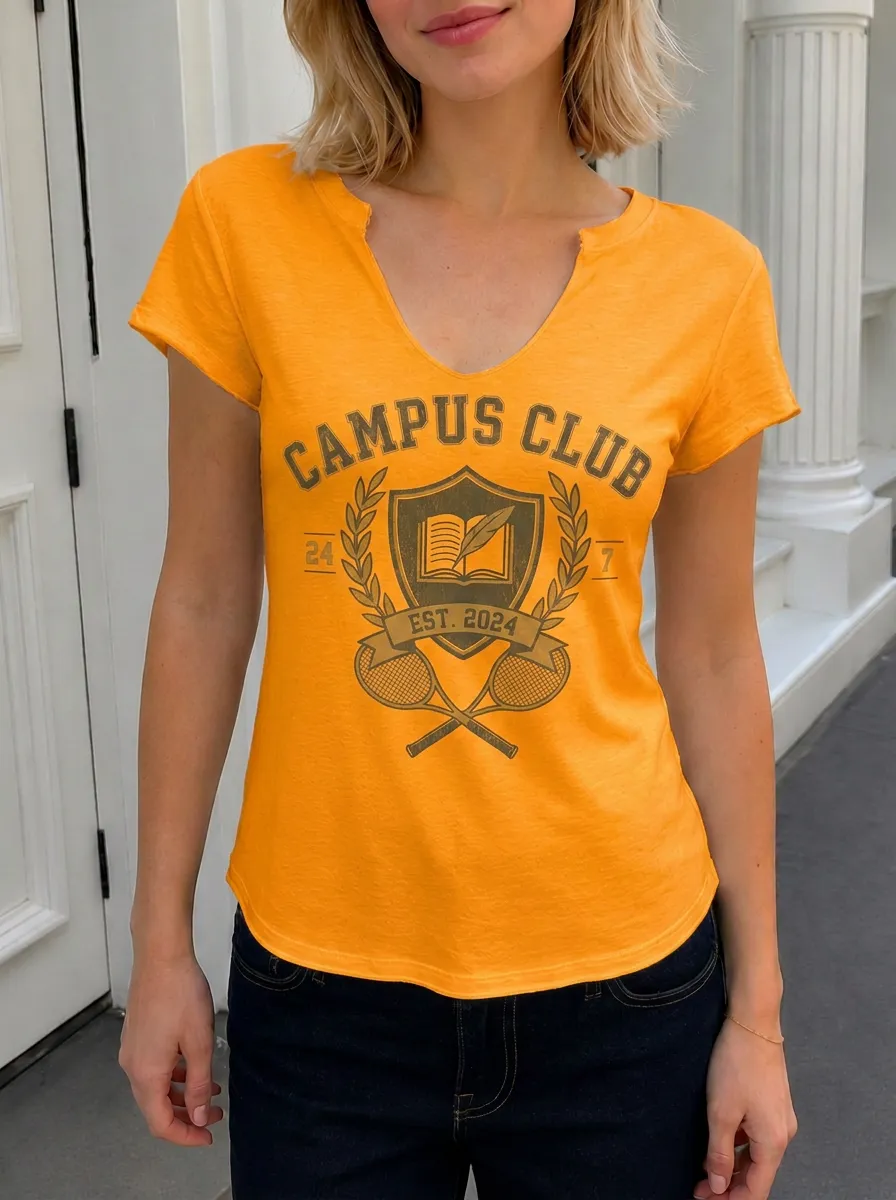 Women's Campus Club Tennis Book Crest Printed V-Neck T-Shirt
