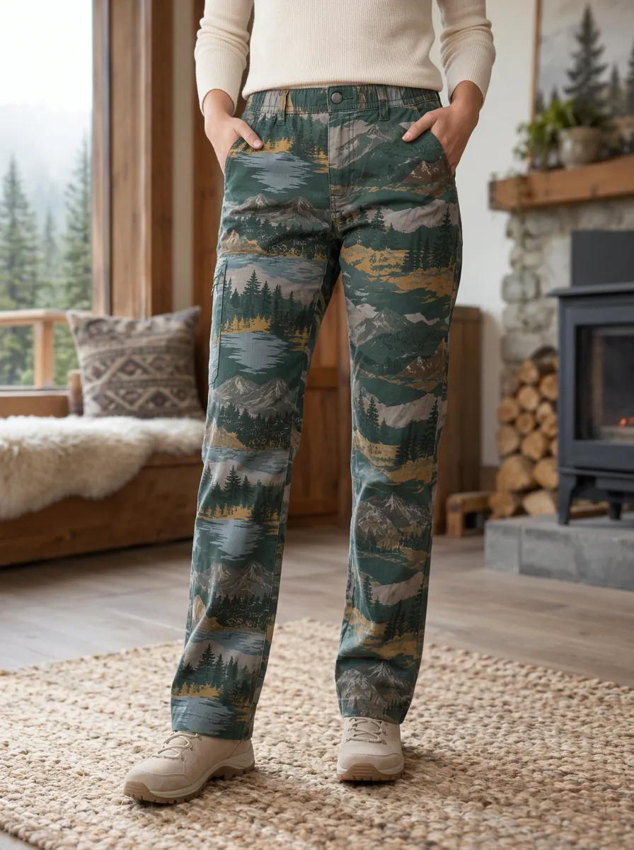 Women's Relaxed Nature Lover Mountain Forest Landscape Printed Pants