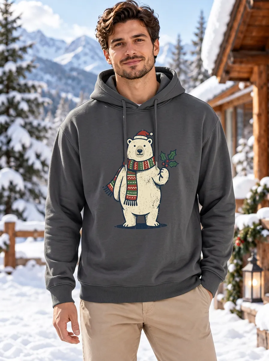 Men's Christmas Polar Bear Scarf Holly Printed Hoodie