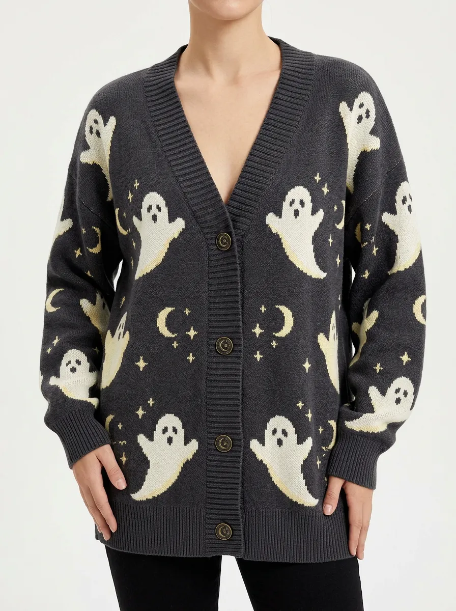 Women's Halloween Ghost Moon Star Patterned Knitted Cardigan