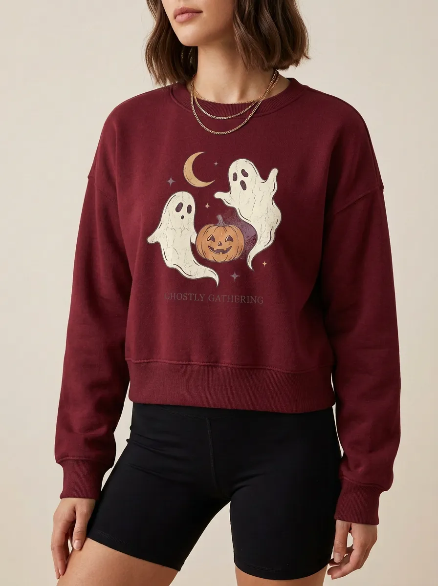 Women's Halloween Ghostly Gathering Pumpkin Moon Printed Sweatshirt