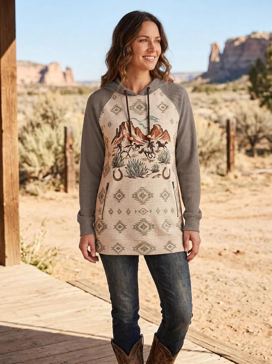 Women's Western Cowboy Horse Desert Printed Hoodie