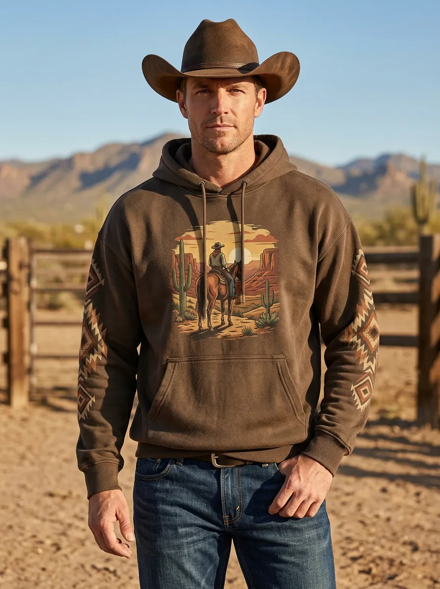 Men's Western Heritage Western Cowboy Horse Desert Graphic Hoodie