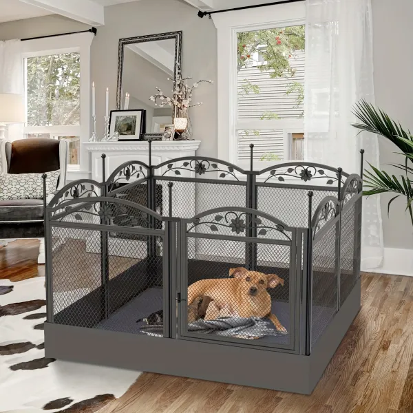 Decorative Metal Dog Playpen with Scroll Design, Pet Enclosure for Indoor Puppy and Dog Management