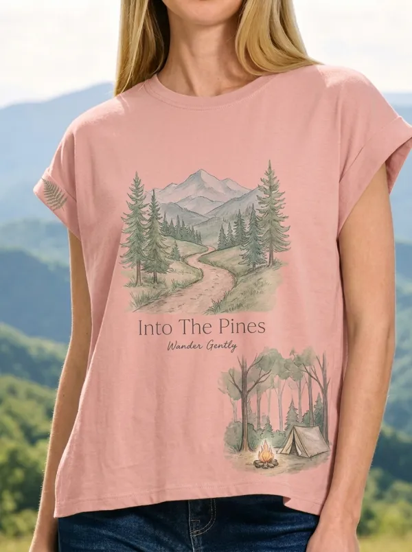 Women's Nature Camping Mountain Pine Forest Printed T-shirt