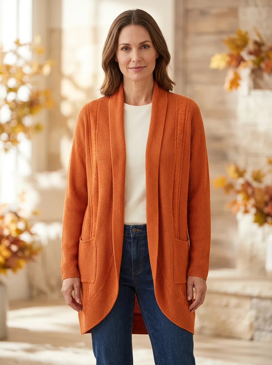 Textured Waffle-Knit Open-Front Knit Cardigan