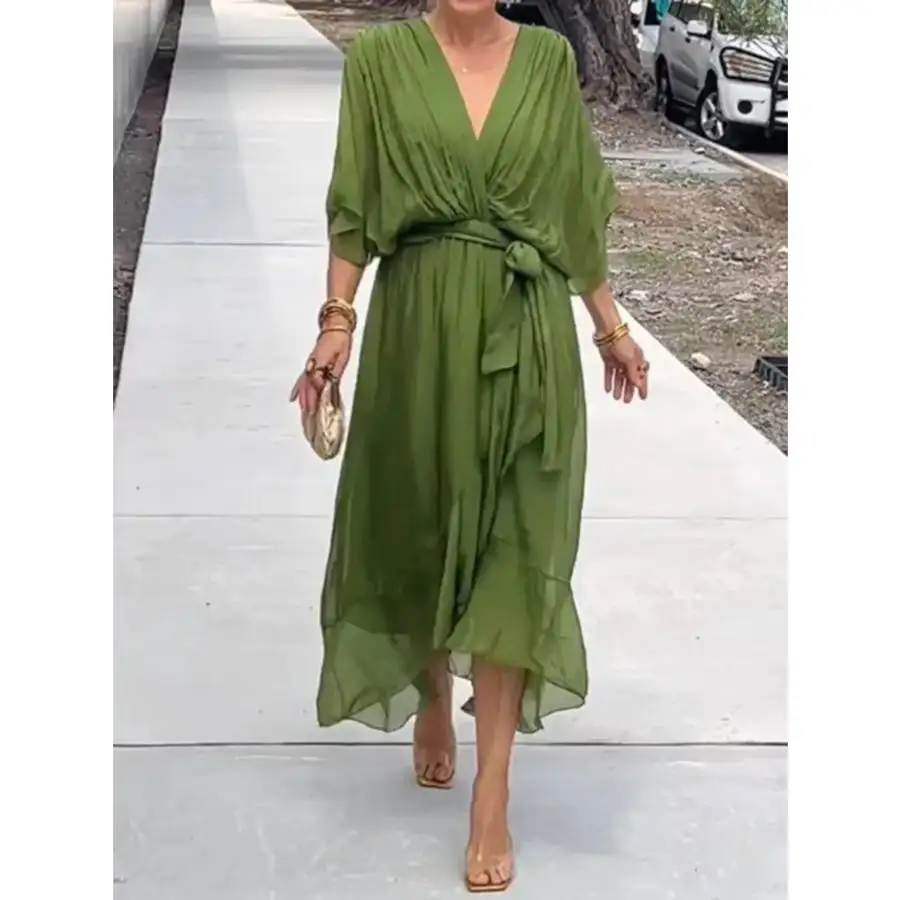Full Size Flowy Tie Front Midi Dress with Flutter Sleeves Plus Size