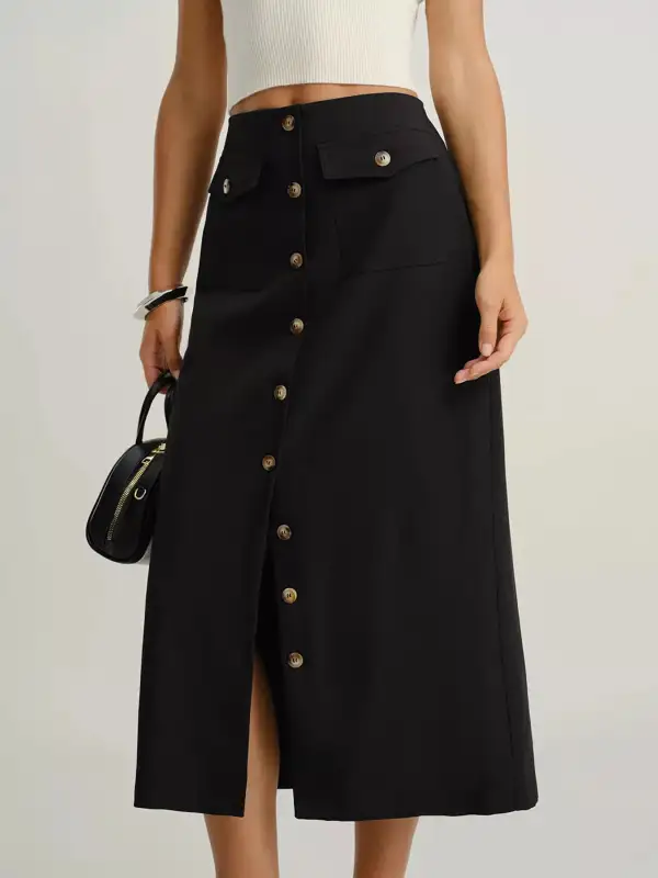 Button-front Pocketed Midi Skirt