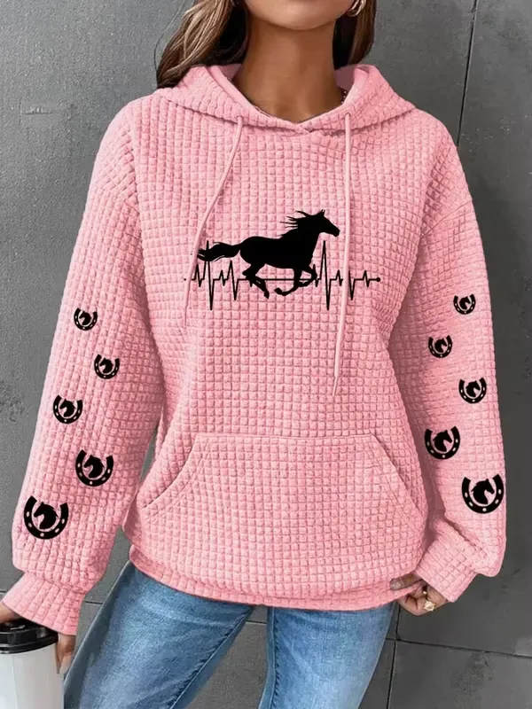 Horse Heartbeat Waffle Print Sweatshirt