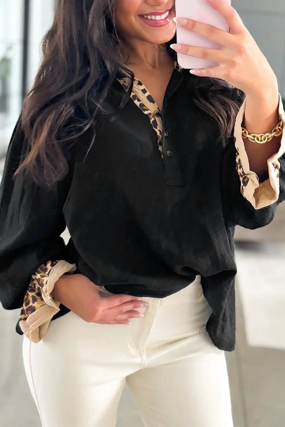 Leopard Print Ruffled Patchwork Blouse