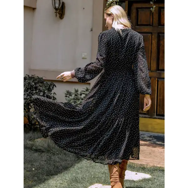 Embroidered Polka Dot Tie Neck Long Sleeve Midi Dress