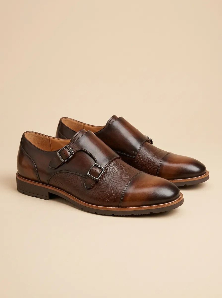 Men's Vintage Style Leaf Pattern Embossed Printed Leather Monk Shoes