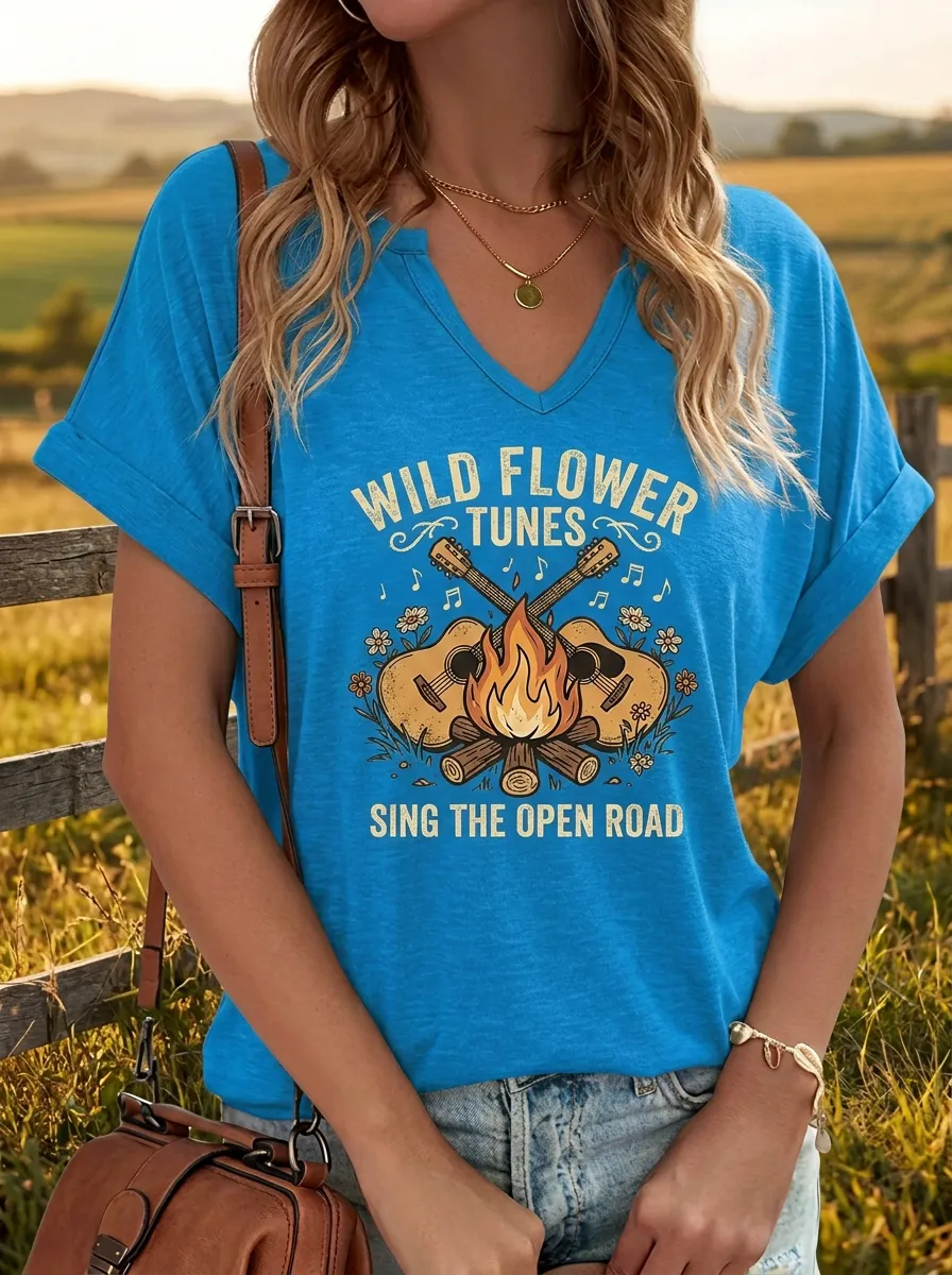 Rustic Country Music Guitar Campfire V-Neck T-Shirt