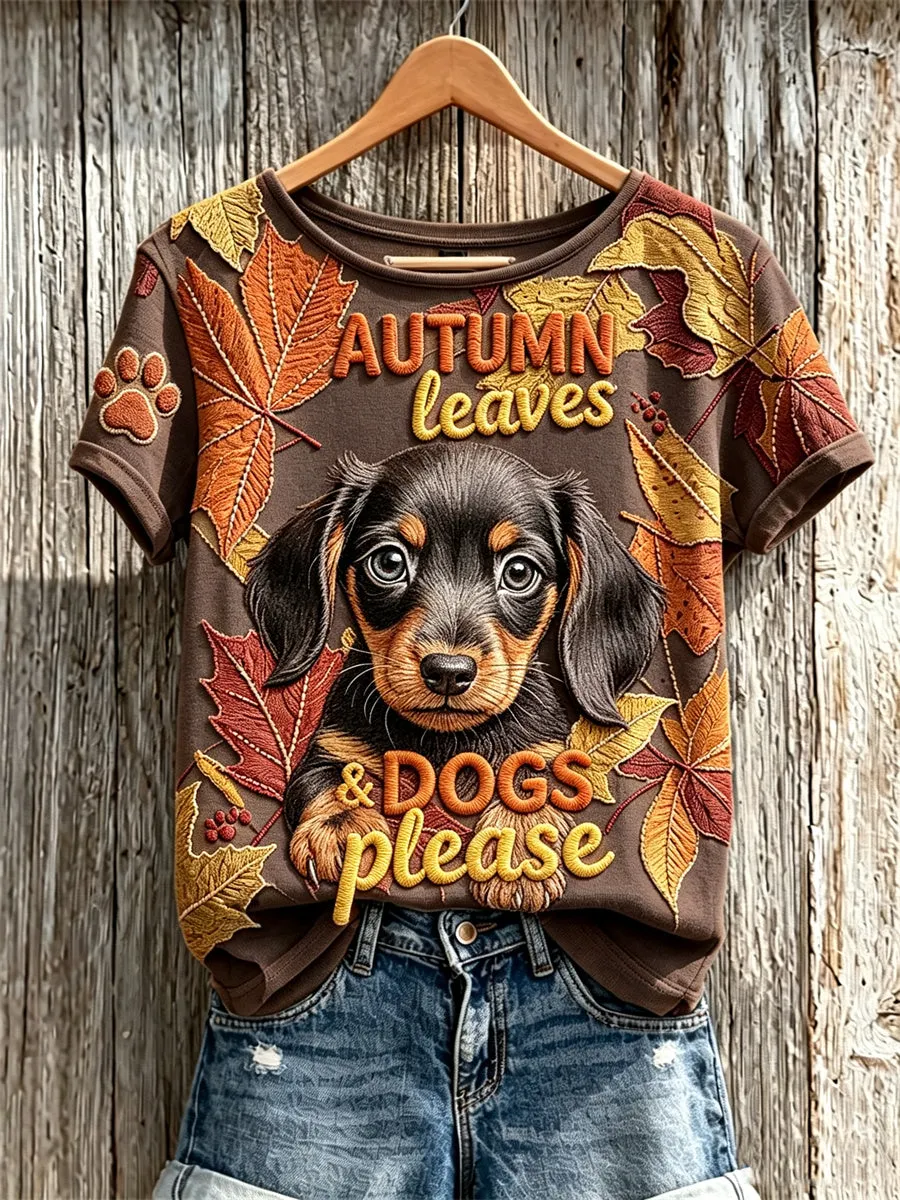 Women's Autumn Leaves & Dogs Please Peeking Dachshund Dog Print short-sleeved T-shirt