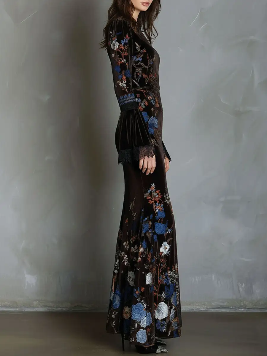 Elegance Midnight Velvet Floral Gown With Lace Trim
