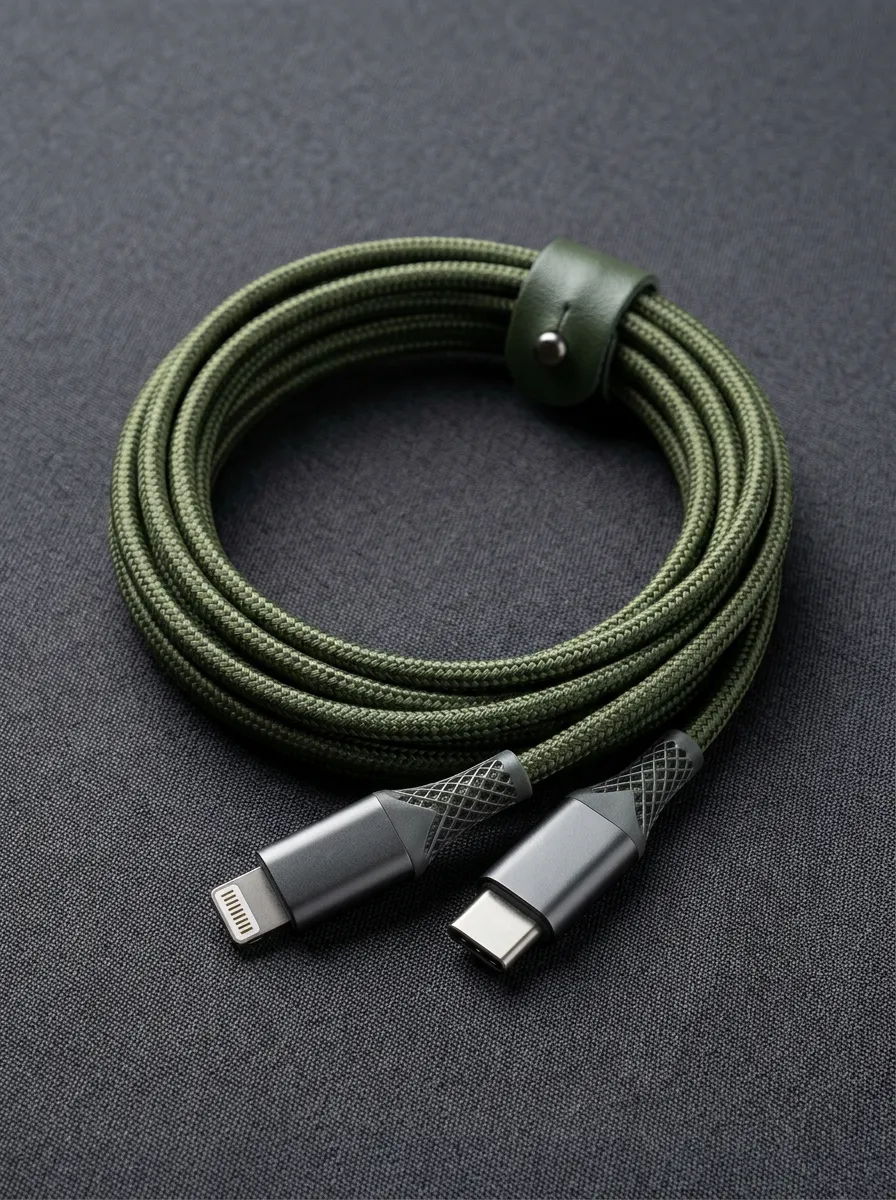 Olive Braided Leather Strap Charging Cable