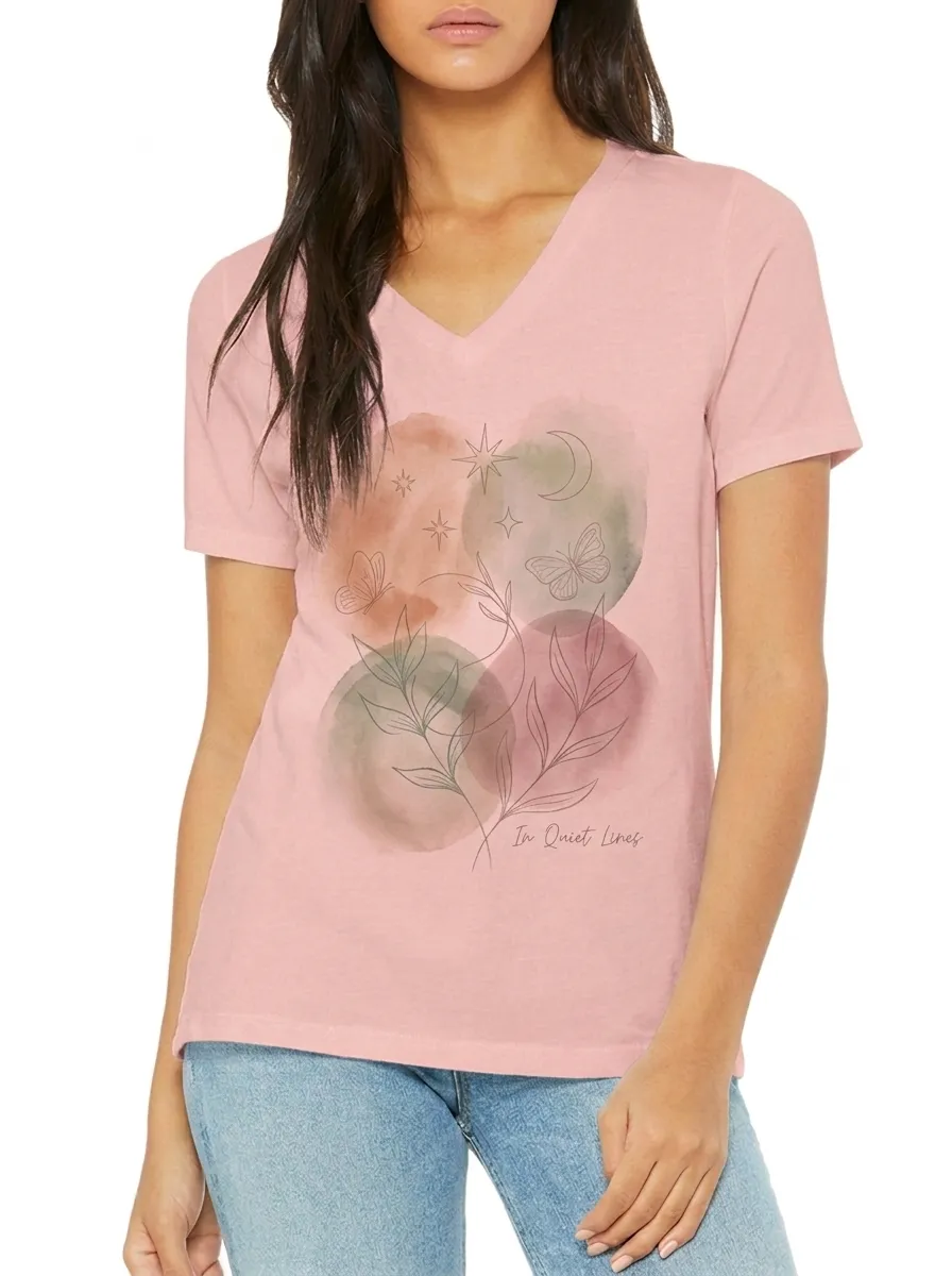 Women's Boho Celestial Butterfly Watercolor Printed V-Neck T-Shirt