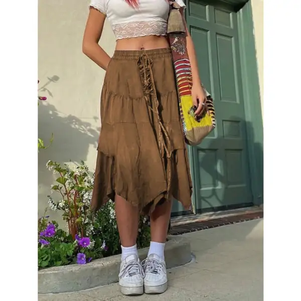 Asymmetrical Hem Midi Skirt with Drawstring Waist