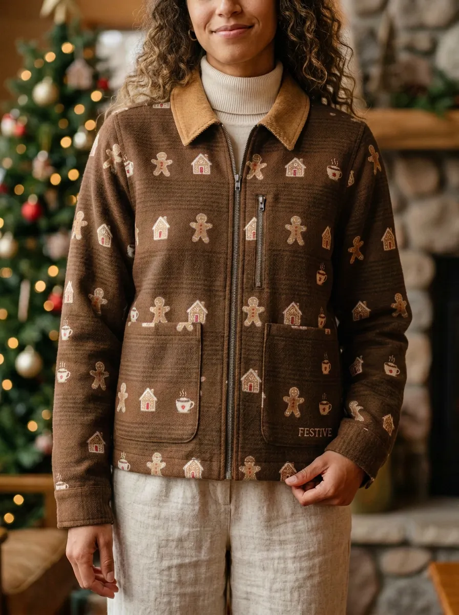 Christmas Gingerbread Man House Print Zip-up Jacket