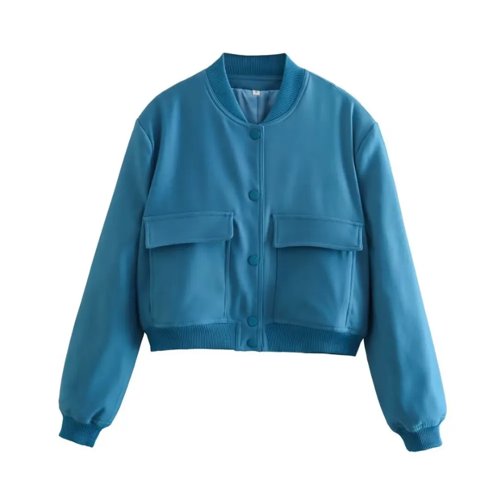 Cropped Snap Front Patch Pocket Ribbed Trim Bomber Jacket