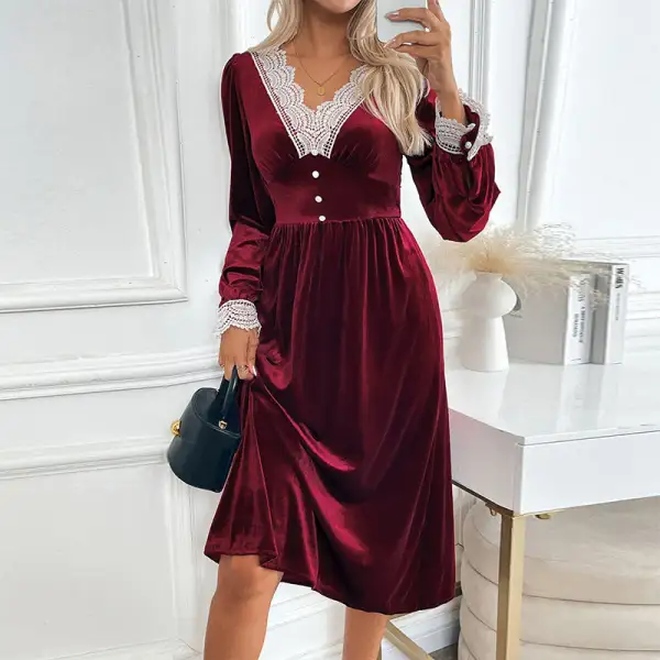 Women's V-Neck Long-Sleeve Lace Button-Detail Dress